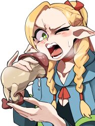 Rule 34 | 1girl, absurdres, blonde hair, blue capelet, bongfill, braid, capelet, commentary, dungeon meshi, elf, english commentary, green eyes, highres, long hair, marcille donato, mushroom, one eye closed, open mouth, pinky out, pointy ears, sexually suggestive, simple background, solo, sweat, teeth, tongue, tongue out, twin braids, white background