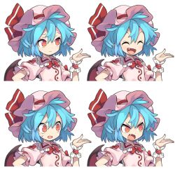 Rule 34 | 1girl, angry, ascot, bat wings, blue hair, brooch, closed eyes, dress, expression chart, hat, hat ribbon, highres, jewelry, maid headdress, mob cap, morino hon, pink dress, pink headwear, puffy short sleeves, puffy sleeves, red ascot, red eyes, remilia scarlet, ribbon, scared, short hair, short sleeves, siblings, sisters, smile, touhou, v-shaped eyebrows, wings, worried, wrist cuffs