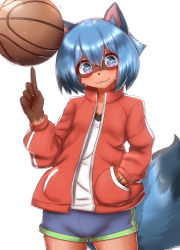 Rule 34 | 1girl, :3, animal ears, animal nose, ball, basketball (object), blue hair, blush, body fur, brand new animal, collarbone, commentary request, cowboy shot, fang, furry, furry female, highres, horokusa (korai), kagemori michiru, looking at viewer, multicolored eyes, raccoon ears, raccoon girl, raccoon tail, red track suit, short hair, simple background, smile, solo, tail, white background