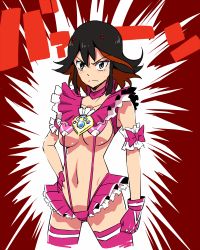 Rule 34 | 1girl, adapted costume, armband, black hair, blush, bow, breasts, choker, cosplay, crossover, cure melody, cure melody (cosplay), frills, gloves, grey eyes, hand on own hip, horns, kill la kill, koshimizu ami, magical girl, matoi ryuuko, multicolored hair, navel, pink thighhighs, precure, red hair, revealing clothes, ribbon, short hair, skirt, solo, suite precure, suspenders, sweatdrop, thighhighs, tj-type1, two-tone hair, underboob, voice actor connection