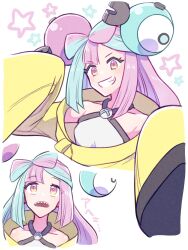 Rule 34 | 1girl, apo 518, blue hair, bow-shaped hair, breasts, bright pupils, collarbone, creatures (company), d:, eyelashes, eyes visible through hair, game freak, gen 1 pokemon, grin, halterneck, highres, iono (pokemon), light blue hair, long hair, long sleeves, looking up, magnemite, magnet, multicolored eyes, multicolored hair, nintendo, open mouth, pink eyes, pink hair, pokemon, pokemon (creature), pokemon sv, screw, sharp teeth, simple background, sleeves past fingers, sleeves past wrists, small breasts, smile, split-color hair, star (symbol), teeth, two-tone hair, white background, white pupils, x, yellow eyes