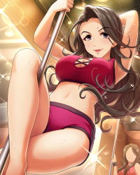 Rule 34 | 10s, 2girls, armpits, artist request, barefoot, black hair, breasts, brown hair, cleavage, cleavage cutout, clothing cutout, faceless, faceless female, idolmaster, idolmaster cinderella girls, large breasts, long hair, looking at viewer, midriff, multiple girls, navel, official art, parted lips, pole, pole dancing, purple eyes, smile, stripper pole, sweat, takahashi reiko
