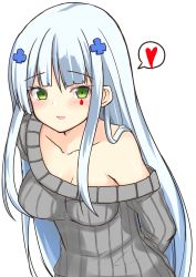 Rule 34 | absurdres, blush, breasts, girls&#039; frontline, green eyes, happy, heart, highres, hk416 (girls&#039; frontline), long hair, medium breasts, open mouth, raion (inoueraion), simple background, smile, sweater, teardrop, white background, white hair