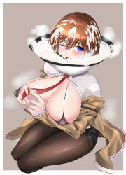 Rule 34 | absurdres, breasts, cone, cum, cum in container, cum in mouth, gag, gokkun, highres, kneeling, large breasts, micro bikini top, o-ring, open mouth, steins;gate