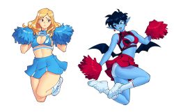 Rule 34 | 2girls, ass, bikini, bikini top only, black hair, blonde hair, blue bikini, blue skin, blue skirt, blush, cheerleader, cleavage cutout, clothes writing, clothing cutout, colored skin, commentary, crop top, demon wings, earrings, english commentary, english text, highres, jewelry, jumping, legs up, long hair, looking at another, looking to the side, midriff, multiple girls, navel, original, panties, pantyshot, pleated skirt, pointy ears, pom pom (cheerleading), red bikini, red skirt, shoes, short hair, skirt, sleeveless, sneakers, socks, suoiresnu, swimsuit, thighs, tube socks, underwear, white legwear, white panties, wings
