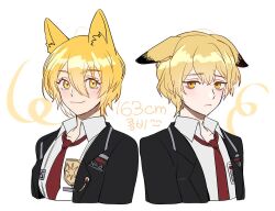 Rule 34 | 1boy, 1girl, animal ears, badge, black jacket, blonde hair, breasts, closed mouth, collared shirt, commentary request, dog boy, dog ears, dog girl, don quixote (project moon), hair between eyes, jacket, jiyaka, kemonomimi mode, korean commentary, korean text, light frown, limbus company, necktie, open clothes, open jacket, project moon, red necktie, shirt, short hair, sinclair (project moon), small breasts, smile, translation request, white shirt, yellow eyes