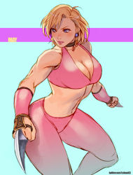 Rule 34 | 1girl, aqua background, artist name, bare shoulders, blonde hair, blue eyes, bracer, breasts, capcom, character name, choker, cleavage, collarbone, commission, female focus, final fight, final fight 3, from side, furrowed brow, large breasts, legs apart, lipstick, looking to the side, makeup, may (final fight), midriff, muscular, muscular female, pants, pink lips, pink pants, rejean dubois, short hair, simple background, skin tight, solo, sports bra, standing, thighs, twitter username, v-neck, v-shaped eyebrows, watermark, weapon, web address