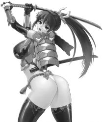 Rule 34 | 1girl, armor, ass, bikini armor, breasts, covered erect nipples, elbow gloves, gloves, greyscale, highres, iruma kamiri, japanese armor, katana, kote, large breasts, long hair, monochrome, open mouth, original, ponytail, samurai, scabbard, sheath, shoulder armor, simple background, skindentation, sode, solo, sword, thighhighs, thong, weapon