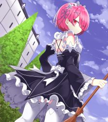 Rule 34 | 10s, 1girl, black dress, blue sky, bow, broom, building, closed mouth, cloud, cloudy sky, commentary, day, detached sleeves, dress, eyes visible through hair, flower knot, frilled dress, frilled sleeves, frills, hair ornament, hair over one eye, hair ribbon, hairclip, holding, holding broom, juliet sleeves, kuhotaka, long sleeves, looking at viewer, looking back, outdoors, puffy sleeves, purple ribbon, ram (re:zero), re:zero kara hajimeru isekai seikatsu, red eyes, red hair, ribbon, ribbon-trimmed legwear, ribbon trim, short hair, sky, sleeveless, sleeveless dress, solo, standing, thighhighs, tree, white bow, white thighhighs, x hair ornament