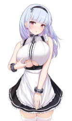 Rule 34 | 1girl, :o, apron, azur lane, black hairband, black skirt, blue hair, blunt bangs, blush, bracelet, breasts, center frills, clothing cutout, commentary request, cowboy shot, dido (azur lane), frilled skirt, frills, hairband, has bad revision, has downscaled revision, highres, jewelry, kannko bokujou, large breasts, light blue hair, maid, mais, md5 mismatch, parted lips, pink hair, resolution mismatch, shirt, silver hair, skirt, sleeveless, sleeveless shirt, solo, source smaller, suspender skirt, suspenders, thighhighs, underboob, underboob cutout, waist apron, white apron, white background, white shirt, white thighhighs, zettai ryouiki