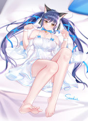 Rule 34 | 1girl, animal ears, azur lane, bare shoulders, barefoot, bell, neck bell, blue hair, blush, bow, breasts, brown eyes, collar, dress, essex (azur lane), fake animal ears, feet, full body, hair ornament, hair ribbon, hairclip, highres, large breasts, long hair, lying, on back, on bed, open mouth, ribbon, solo, stardust (chen&#039;ai weiding), twintails, white dress