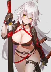 Rule 34 | 1girl, absurdres, ahoge, belt, bikini, black bikini, black gloves, black jacket, blush, breasts, choker, cleavage, closed mouth, commentary request, cropped jacket, fate/grand order, fate (series), gloves, hair between eyes, highres, jacket, jeanne d&#039;arc alter (swimsuit berserker) (fate), jeanne d&#039;arc (fate), jeanne d&#039;arc alter (fate), jeanne d&#039;arc alter (swimsuit berserker) (fate), katana, large breasts, long hair, looking at viewer, navel, o-ring, red thighhighs, sheath, shrug (clothing), silver hair, simple background, single thighhigh, solo, swimsuit, sword, thigh strap, thighhighs, thighs, very long hair, weapon, white background, yellow eyes, yonkumi (gatling033)