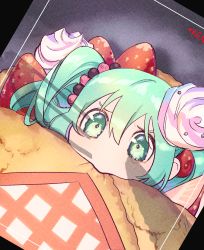 Rule 34 | 1girl, chibi, crepe, eating, food, fruit, gradient hair, green eyes, green hair, hair ornament, hatsune miku, highres, in food, mini person, minigirl, multicolored hair, naimaze atakamo, recording, solo, strawberry, taking picture, tearing up, thick eyebrows, twintails, vocaloid, wavy eyes, whipped cream