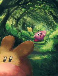 Rule 34 | absurdres, chip (kirby), copy ability, day, forest, grass, highres, kirby, kirby (series), leaf kirby, looking at another, nature, nintendo, no humans, open mouth, outdoors, polof, scenery, suyasuyabi, tree
