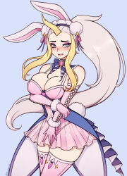 Rule 34 | 1girl, absurdres, animal ears, blonde hair, blue eyes, blush, breasts, cleavage, commission, elbow gloves, eyeshadow, gloves, highres, horns, large breasts, long hair, looking at viewer, makeup, miniskirt, multicolored hair, open mouth, original, pink eyeshadow, pink gloves, pink thighhighs, ponytail, rabbit ears, rabbit girl, rabbit tail, see-through, single horn, skirt, solo, tail, the scarlet devil, thighhighs, thong, white hair