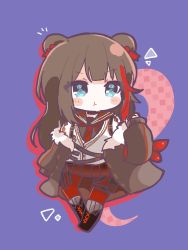 Rule 34 | 1girl, :t, animal ears, arknights, bear ears, black footwear, black shirt, blue eyes, blush stickers, boots, brown hair, brown jacket, brown sailor collar, brown skirt, cardigan, checkered background, chibi, closed mouth, commentary request, full body, fur-trimmed jacket, fur trim, highres, jacket, long hair, mom2, multicolored hair, necktie, off shoulder, open clothes, open jacket, pantyhose, pleated skirt, pout, purple background, red hair, red necktie, red pantyhose, sailor collar, shirt, skirt, solo, streaked hair, very long hair, white cardigan, zima (arknights)
