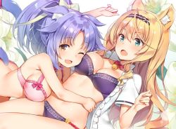 Rule 34 | 2girls, :o, ;d, ahoge, animal ear fluff, animal ears, bare shoulders, bell, blonde hair, blue eyes, bow, bowtie, bra, breasts, cat ears, cat girl, cat tail, cinnamon (nekopara), cleavage, collared shirt, fang, flower, hair bow, hairband, jingle bell, large breasts, lily (flower), long hair, looking at viewer, maple (nekopara), multiple girls, nekopara, no pants, one eye closed, open clothes, open mouth, open shirt, orange eyes, panties, pink bra, ponytail, purple bra, purple hair, purple panties, shirt, smile, tail, underwear, white shirt, yuuki hagure