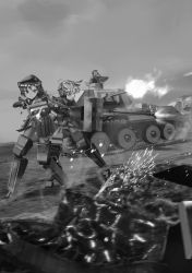 Rule 34 | 1boy, 2girls, absurdres, animal ears, bad id, bad pixiv id, braid, braided ponytail, bullet, caterpillar tracks, commentary request, cruiser (tank), cruiser mk.iv a13, fighting stance, furukawa herzer, greyscale, highres, military, military vehicle, monochrome, motor vehicle, multiple girls, original, short hair, strike witches, tank, world witches series