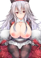 Rule 34 | 1girl, azur lane, black pantyhose, blush, breasts, breasts out, cape, unworn cape, cleavage, collared shirt, cross, fur-trimmed cape, fur trim, gloves, graf zeppelin (azur lane), hair between eyes, hat, highres, huge breasts, iron cross, jacket, large breasts, long hair, looking at viewer, messy hair, military, military uniform, mutou mame, nipples, no bra, pantyhose, peaked cap, red eyes, shirt, sidelocks, silver hair, sitting, skindentation, skirt, solo, thighband pantyhose, uniform, very long hair