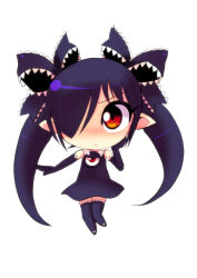 Rule 34 | 1girl, :&lt;, backbeako (torotei), backbeard, black dress, black gloves, black hair, black thighhighs, blush, chibi, commentary request, dress, elbow gloves, full body, gegege no kitarou, gloves, hair over one eye, hair ribbon, hand on own cheek, hand on own face, long hair, looking at viewer, original, partial commentary, pointy ears, red eyes, ribbon, ringed eyes, simple background, sleeveless, sleeveless dress, solo, straight-on, thighhighs, torotei, twintails, v-shaped eyebrows, very long hair, white background