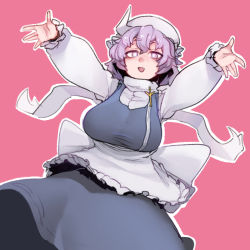 Rule 34 | 1girl, apron, arms up, blue dress, blush, breasts, dress, dutch angle, frilled apron, frills, glowing, glowing eyes, hair between eyes, hat, highres, jewelry, large breasts, letty whiterock, long sleeves, looking at viewer, nyong nyong, open hands, open mouth, outstretched arm, pendant, pink background, polearm, purple hair, scarf, short hair, simple background, smile, solo, taut clothes, taut dress, touhou, trident, turtleneck, turtleneck dress, upper body, waist apron, weapon, white dress, white hat, white scarf