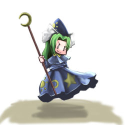 Rule 34 | 1girl, ameimo, chibi, female focus, floating, full body, green hair, hat, lowres, mima (touhou), mystic square, solo, touhou, touhou (pc-98), white background, wizard hat
