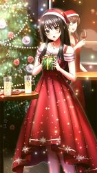 Rule 34 | 2girls, :o, bare arms, black hair, box, breasts, brown eyes, christmas, christmas tree, cleavage, collarbone, doukyuusei, doukyuusei another world, dress, fur-trimmed headwear, fur trim, game cg, gift, gift box, hat, head tilt, holding, holding box, indoors, jewelry, long dress, long hair, looking at viewer, medium breasts, multiple girls, necklace, official art, open mouth, red dress, red hat, santa hat, sleeveless, sleeveless dress, solo focus, sparkle, straight hair, todo aoi