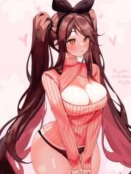 Rule 34 | 1girl, blush, breasts, brown eyes, brown hair, cleavage, cleavage cutout, closed mouth, clothing cutout, english text, hair ribbon, heart, highres, large breasts, long hair, long sleeves, looking at viewer, meme attire, open-chest sweater, original, panties, ribbed sweater, ribbon, simple background, sky above me, solo, sweater, thighs, turtleneck, turtleneck sweater, twintails, underwear, very long hair