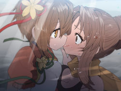Rule 34 | air bubble, blush, breast press, breasts, brown eyes, brown hair, bubble, cleavage, commentary, copyright request, eye contact, flower, green ribbon, hair between eyes, hair bun, hair flower, hair ornament, kiss, large breasts, looking at another, neck ribbon, puffy short sleeves, puffy sleeves, ribbon, scarf, short sleeves, single hair bun, sumiyao (amam), surprised, symmetrical docking, tank top, underwater, wide-eyed, yellow scarf, yuri