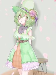 Rule 34 | 1girl, alternate costume, arms behind back, breasts, cherry blossoms, closed mouth, commentary request, dress, green dress, green eyes, green hat, grey background, hat, looking at viewer, medium breasts, nek0rin parme, peaked cap, soga no tojiko, solo, stool, touhou
