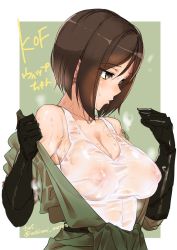 Rule 34 | 1girl, ashiomi masato, bare shoulders, black gloves, breasts, brown eyes, brown hair, cleavage, collarbone, covered erect nipples, elbow gloves, gloves, green background, large breasts, long hair, looking to the side, nipples, open clothes, see-through, shirt, short hair, simple background, smell, solo, sweat, the king of fighters, undressing, wet, wet clothes, wet shirt, whip (kof), white shirt