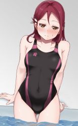 Rule 34 | 1girl, amagai shou, black one-piece swimsuit, blush, breasts, competition swimsuit, covered navel, cowboy shot, gradient background, grey background, hair ornament, hairclip, half updo, highres, long hair, looking at viewer, love live!, love live! sunshine!!, one-piece swimsuit, poolside, red hair, sakurauchi riko, sitting, small breasts, soaking feet, solo, swimsuit, water, yellow eyes