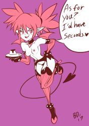 Rule 34 | 1girl, bigdead, blush, breasts, choker, disgaea, elbow gloves, etna (disgaea), food, garter belt, garter straps, gloves, high heels, highres, looking at viewer, nipples, pointy ears, pudding, red hair, smile, tail, thighhighs, twintails, wings