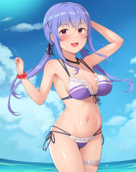 1girl bikini blue_hair blue_sky breasts cloud commentary_request cowboy_shot day frilled_bikini frills front-tie_bikini_top front-tie_top hair_ornament honda_naoki horizon large_breasts low_twintails multi-strapped_bikini_bottom navel original outdoors purple_bikini red_eyes red_scrunchie scrunchie side-tie_bikini_bottom sky solo swimsuit twintails two-tone_bikini wrist_scrunchie x_hair_ornament