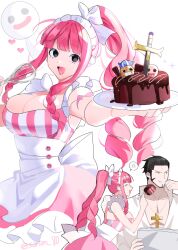 Rule 34 | 1boy, 1girl, :d, alternate costume, alternate hairstyle, anger vein, apron, arm tattoo, bat tattoo, black eyes, black hair, blunt bangs, bow, braid, breasts, cake, chocolate cake, cleavage, commentary, cowboy shot, cross, cross necklace, dracule mihawk, dress, drill hair, enmaided, eyelashes, facial hair, false smile, feeding, food, frilled dress, frills, ghost, goatee, hair bow, hair slicked back, heart, high ponytail, holding, holding newspaper, holding plate, holding whisk, jewelry, joman, kumacy, large breasts, lipstick, long hair, looking at another, looking at viewer, maid, maid headdress, makeup, multiple views, mustache, necklace, newspaper, one piece, open clothes, open mouth, open shirt, outstretched arm, perona, pink dress, pink hair, plate, ponytail, red lips, shirt, side braids, sidelocks, simple background, sitting, sleeveless, sleeveless dress, smile, spoken anger vein, standing, striped clothes, striped dress, symbol-only commentary, tattoo, twitter username, two-tone dress, vertical-striped clothes, vertical-striped dress, whisk, white background, white bow, white dress, white shirt, yoru (sword)