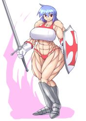 Rule 34 | armor, blue hair, mocoack, muscular, red eyes, shield, sword, weapon