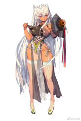 Rule 34 | 1girl, artist request, bell, braid, breasts, choker, criss-cross halter, dark-skinned female, dark skin, destiny child, detached sleeves, full body, hair between eyes, hair flaps, halterneck, hand fan, jingle bell, large breasts, leotard, long hair, mona (destiny child), official art, parted lips, pelvic curtain, pigeon-toed, pink eyes, sidelocks, simple background, single detached sleeve, skindentation, solo, standing, thighhighs, twin braids, very long hair, white background, white hair, white thighhighs