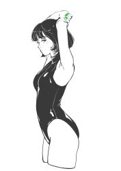Rule 34 | 1girl, arms up, bare shoulders, black one-piece swimsuit, collared one-piece swimsuit, cropped legs, expressionless, from side, green nails, highres, looking to the side, monochrome, nail polish, one-piece swimsuit, original, partially colored, sakamoto giulietta, short hair, simple background, solo, spot color, standing, swimsuit, white background