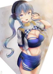 Rule 34 | 1girl, :d, absurdres, bandeau, blue bandeau, blue eyes, blue hair, blue skirt, blush, breasts, cowboy shot, cropped jacket, dated, gotland (kancolle), hair between eyes, headphones, highres, jacket, kantai collection, long hair, medium breasts, mole, mole under eye, navel, open mouth, race queen, shanghmely, short sleeves, signature, skirt, smile, solo, white jacket