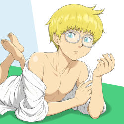 Rule 34 | 10s, 1boy, bare shoulders, barefoot, blonde hair, blouse, blue eyes, child, covering privates, feet, feet up, glasses, gunslinger stratos, jonathan sizemore, looking at viewer, lying, male focus, nude, on stomach, open clothes, open shirt, pectorals, shirt, sitting, solo, undressing, yamamiya hiroshi