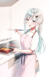 Rule 34 | :d, apron, black shorts, blue eyes, breasts, chopsticks, commentary request, cookie, food, frying pan, hair ornament, hairclip, holding, holding chopsticks, long hair, looking at viewer, low ponytail, medium breasts, midorikawa you, open mouth, original, pink apron, ponytail, shirt, short shorts, short sleeves, shorts, silver hair, smile, white background, white shirt