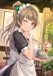 Rule 34 | 1girl, ;), apron, artist name, bow, brick wall, brown eyes, dated, food, fruit, green bow, grey hair, hair bow, hand up, highres, holding, holding tray, indoors, long hair, looking at viewer, love live!, love live! school idol project, maid, maid headdress, minami kotori, minami kotori (bird), one eye closed, one side up, parfait, picture frame, plant, pocky, potted plant, shamakho, smile, solo, strawberry, tray, white apron