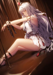 Rule 34 | 1girl, armlet, bare shoulders, bracelet, breasts, caren hortensia, caren hortensia (amor caren), caren hortensia (amor caren) (first ascension), chain, character name, chocolate, collarbone, commentary request, dress, fate/grand order, fate (series), feet out of frame, from side, genyaky, heart, highres, jewelry, long hair, looking at viewer, medium breasts, short dress, sideways glance, sleeveless, sleeveless dress, solo, thighs, very long hair, wavy hair, white dress, white hair, yellow eyes