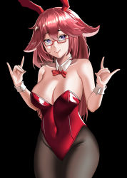 Rule 34 | 1girl, absurdres, animal ears, black background, black pantyhose, bow, bowtie, breasts, commentary request, cowboy shot, detached collar, floppy ears, fox ears, fox shadow puppet, genshin impact, glasses, highres, large breasts, leotard, long hair, pantyhose, playboy bunny, purple eyes, rabbit ears, red-framed eyewear, red bow, red bowtie, red hair, red leotard, simple background, solo, standing, strapless, strapless leotard, wrist cuffs, xkezty, yae miko
