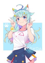 Rule 34 | 1girl, absurdres, ahoge, animal ears, blunt bangs, blush, border, cat ears, cat girl, closed mouth, collarbone, cowboy shot, double v, hair ornament, hairclip, hands up, highres, lanmewko, long hair, looking at viewer, multicolored hair, original, outside border, purple eyes, quarterlift, shirt, short sleeves, sidelocks, skirt, smile, solo, standing, star (symbol), star hair ornament, thighs, tied shirt, v, white shirt