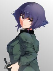 Rule 34 | 10s, 1girl, anzio military uniform, black hair, black shirt, braid, brown eyes, closed mouth, commentary, from behind, girls und panzer, gradient background, grey background, grey jacket, hand on own hip, jacket, knife, long sleeves, looking at viewer, looking back, military, military uniform, mityubi, pepperoni (girls und panzer), shirt, short hair, side braid, smile, solo, standing, uniform, upper body