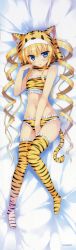 Rule 34 | 1girl, absurdres, animal ears, animal print, bandeau, bed, bed sheet, between legs, blonde hair, blush, breasts, cat ears, cat tail, covered erect nipples, dakimakura (medium), drill hair, eve elain austin, from above, full body, hand between legs, highres, koiken otome, looking at viewer, lying, on back, on bed, panties, small breasts, solo, tail, tateha (marvelous grace), thighhighs, tiger hat, tiger print, tiger tail, twin drills, twintails, underwear, yellow panties, yellow thighhighs