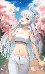 Rule 34 | 1girl, :d, absurdres, bare arms, bare shoulders, blue bow, blue eyes, blush, bow, breasts, cherry blossoms, cleavage, collarbone, cowboy shot, day, floating hair, gks569, hair between eyes, hair bow, highres, holding hands, long hair, looking up, medium breasts, midriff, navel, open mouth, original, outdoors, pants, pul (gks569), silver hair, smile, solo focus, spring (season), stomach, thigh gap, very long hair, walking, white pants