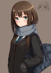 Rule 34 | 2girls, = =, absurdres, aqua necktie, bag, blunt bangs, blush, blush stickers, brown background, brown hair, buttons, cardigan, chibi, chibi inset, closed mouth, commentary request, enpera, green eyes, grey scarf, hands in pockets, has bad revision, has downscaled revision, highres, idolmaster, idolmaster cinderella girls, kamiya nao, long hair, long sleeves, looking at viewer, md5 mismatch, multiple girls, necktie, ponytail, resolution mismatch, scarf, school uniform, shibuya rin, shoulder bag, simple background, sketch, skirt, solo focus, source smaller, striped necktie, striped neckwear, takamiya nao, triad primus, upper body