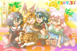Rule 34 | 10s, 4girls, :d, ^ ^, animal ears, backpack, bag, black hair, blonde hair, breast rest, breasts, character request, cheek poking, closed eyes, commentary request, copyright name, copyright request, creator connection, closed eyes, highres, horns, hug, japari symbol, kaban (kemono friends), kemono friends, long hair, lucky beast (kemono friends), multiple girls, off shoulder, open mouth, paper airplane, pink hair, poking, sailor collar, serval (kemono friends), serval print, serval tail, short hair, smile, tail, takecho